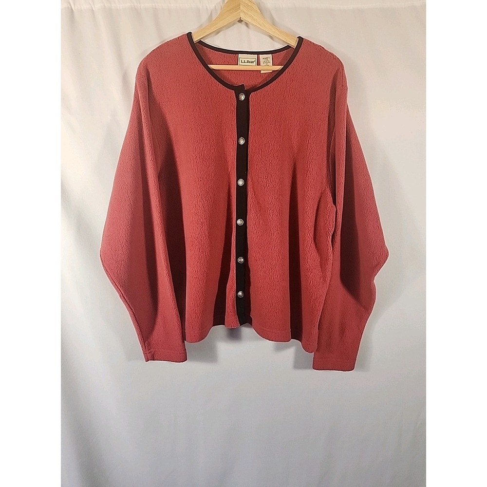 LL Bean‎ Fleece Cardigan Sweater Rose Pink Black Trim Silver Buttons Womens L